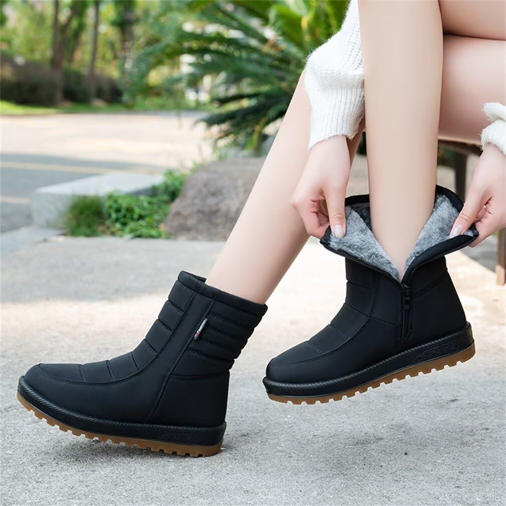 GSLMOLN Women's Winter Snow Boots Lightweight Round Toe Warm Faux Fur Lined Non Slip Mid-Calf Booties
