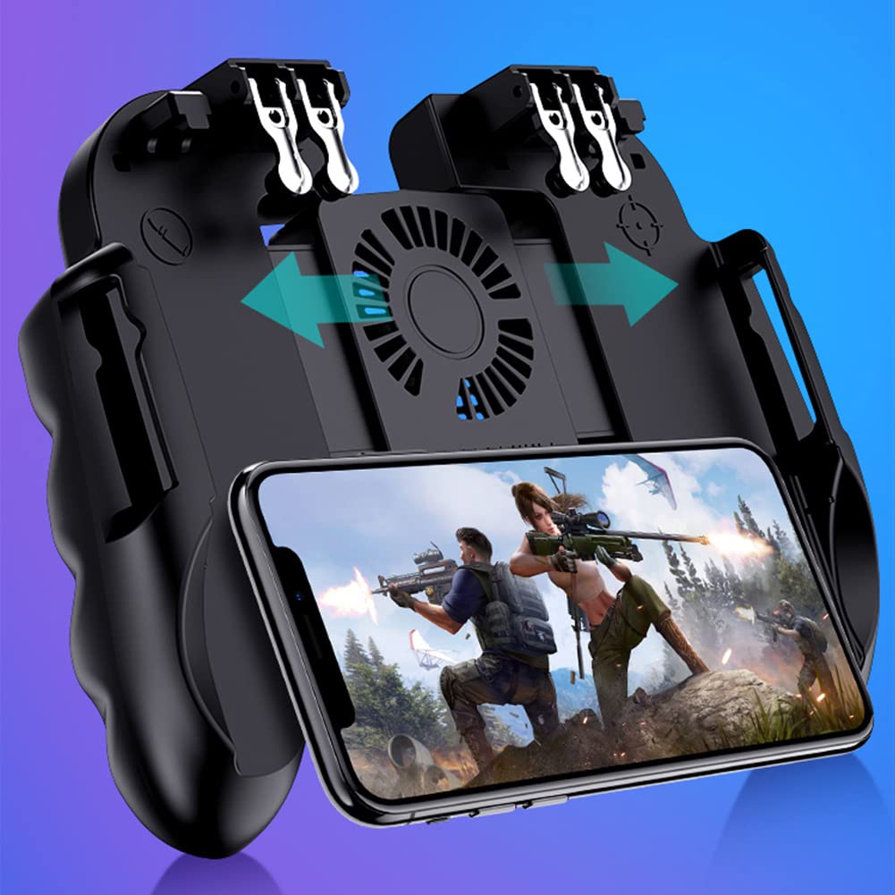 Manette Telephone avec Ventilateur, Contrôleur de Jeu Mobile Portable 6 Doigts Gamepad Joystick L1R1 L2R2 pour PUBG Android iOS iPhone Samsung Huawei Smartphone