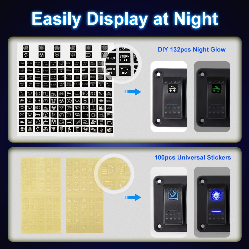 WATERWICH 5 Gang Marine Rocker Switch Panel - Aluminum 12V Toggle Switches With Night Glow Stickers For Car, Boat & RV