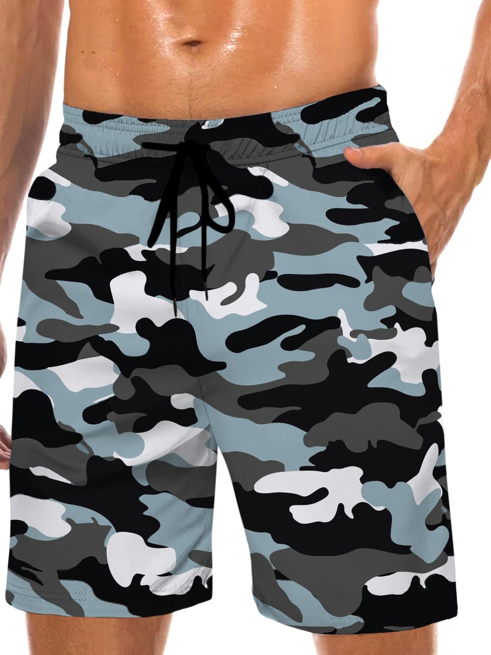 Lzzidou Men's Camo-Blue Swim Trunks Hawaiian Bathing Mesh Lining Suit Swimsuits Beach Shorts With Pockets