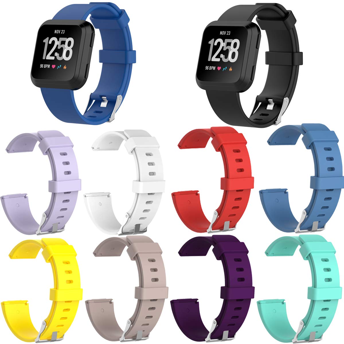 TDRTECHCompatible with Fitbit Versa Band with Stainless Steel Clasp, Replacement Soft Silicone Band Strap for Fitbit Versa, Pack of 10 Hot Color