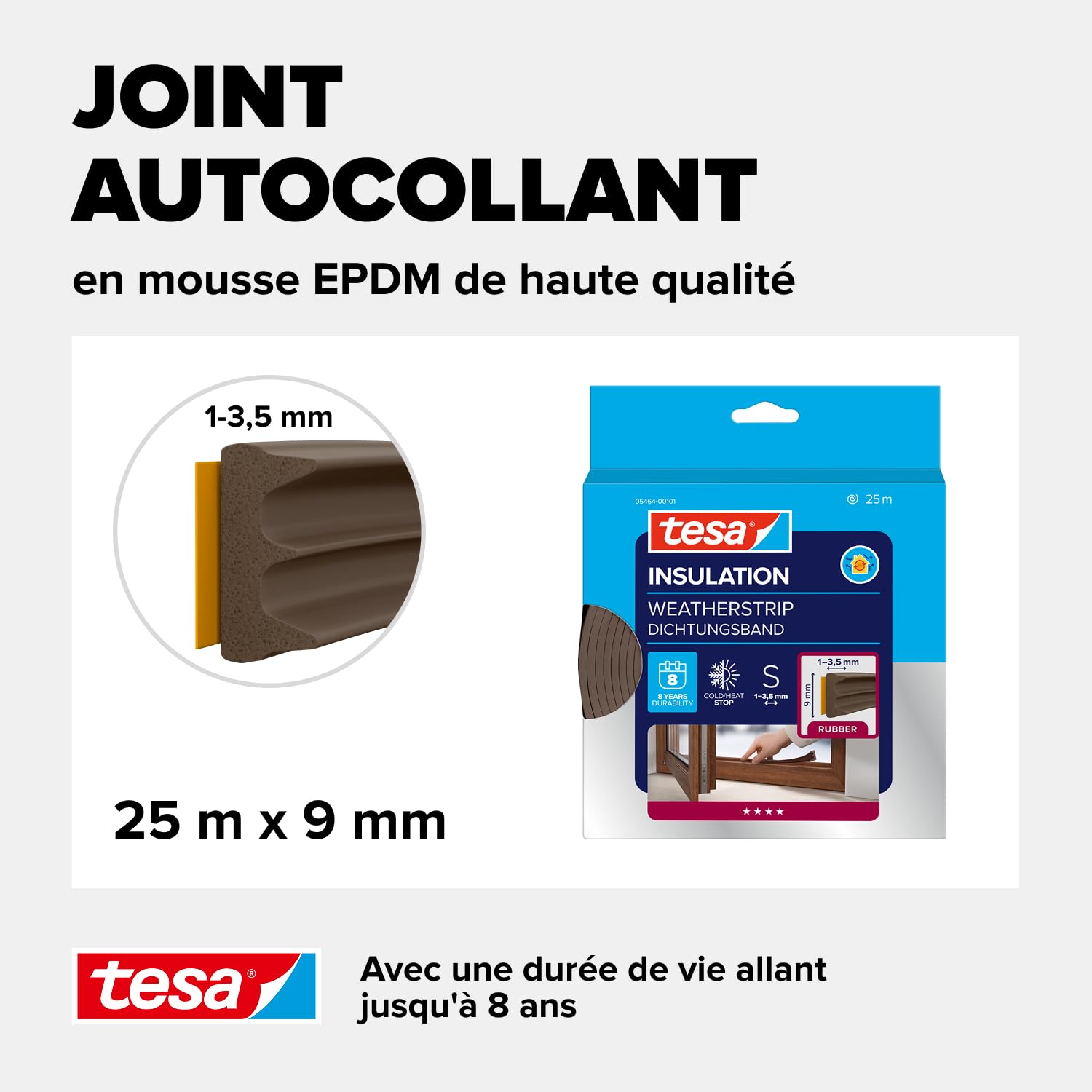 tesa INSULATION Bande d'étanchéité S - Joint en caoutchouc autocollant pour l'isolation des fentes des fenêtres et des portes - Marron - 25 m x 9 mm x 4 mm