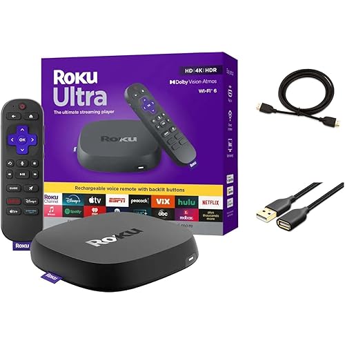 Roku Ultra Ultimate Streaming Player, 4K Streaming Device for TV, Dolby Vision & Atmos, HDR10+, Rechargeable Voice Remote Pro, Bluetooth & Wi-Fi 6, Backlit Buttons, with USB Extension Cord and HDMI