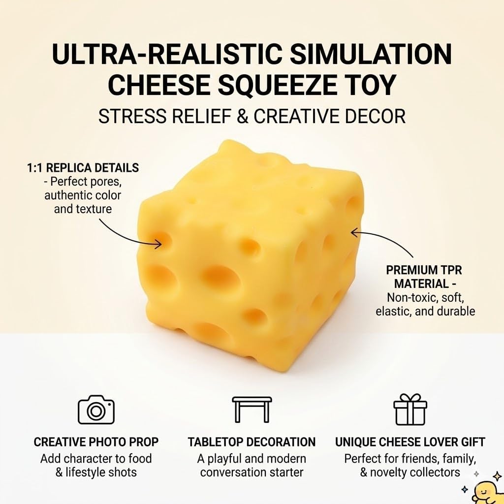 Cheese Squishy Block - 2.4 to 4.7 Inch Ultra-Soft Slow Rising Squishy Cheese - Sensory Fidget Gadget for Tension Management & Focus - Premium TPR Desk Accessory for Adults & Office (3.9in)