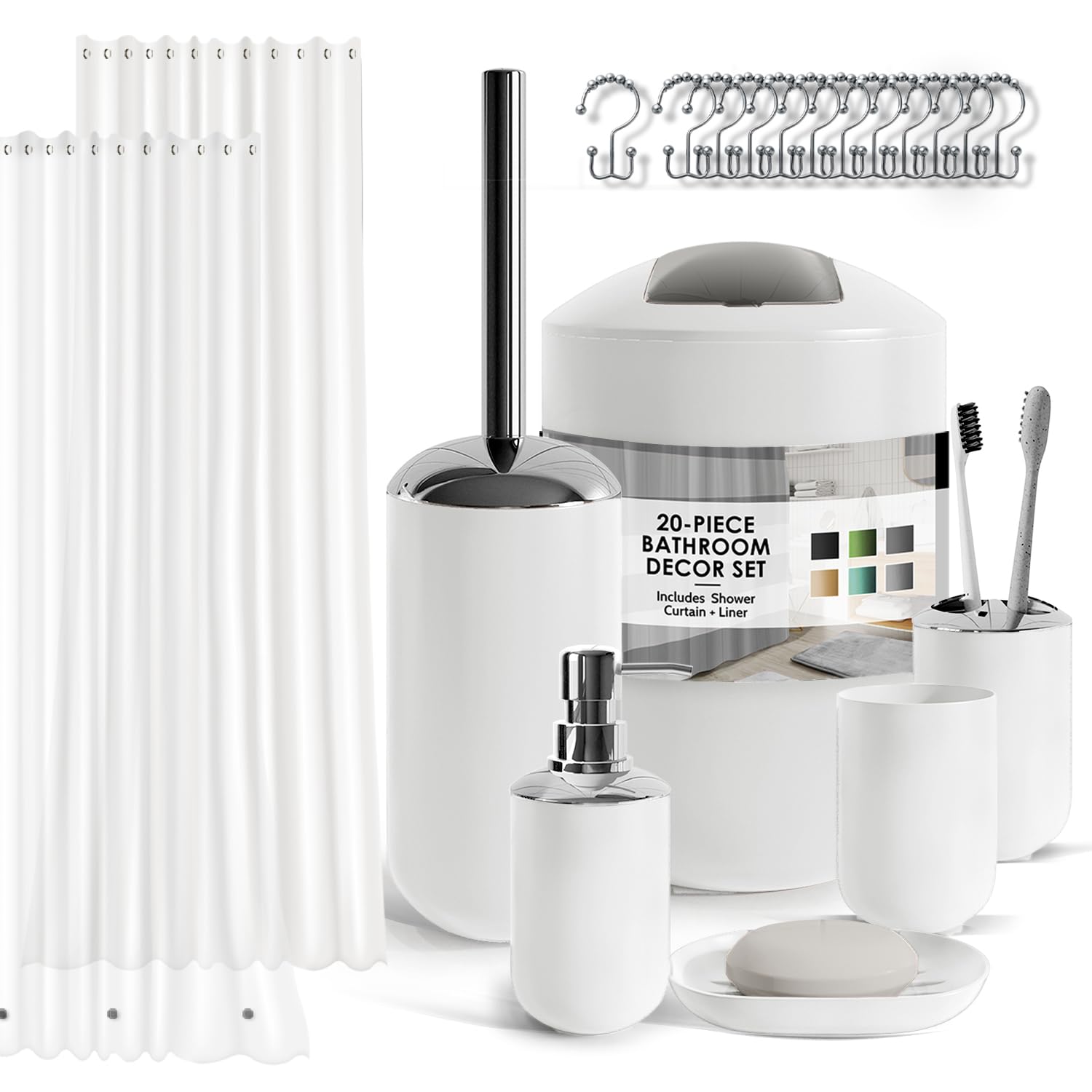Clara Clark Bathroom Set - White Bathroom Accessories Set, 20PC Bathroom Accessory Set, Shower Curtain Set with Liner, Toothbrush Holder, Soap Dispenser, Soap Dish, Toilet Brush Holder, and Trash Can
