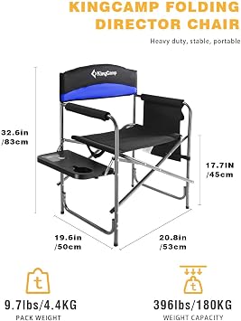 KingCamp Portable Camping Chair, Folding Directors Chair Compact Outdoor Chair with Side Table Cup Holder for Beach Trip Tailgating Lawn Sports Backpacking Fishing Picnic, Blue