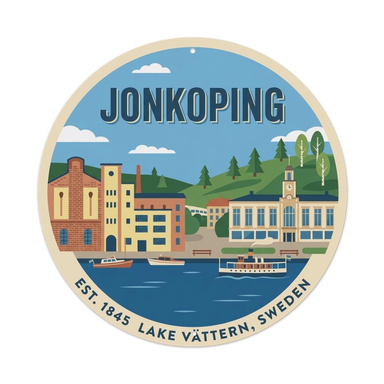Vintage Travel Jonkoping Sweden Lakefront Metal Tin Sign