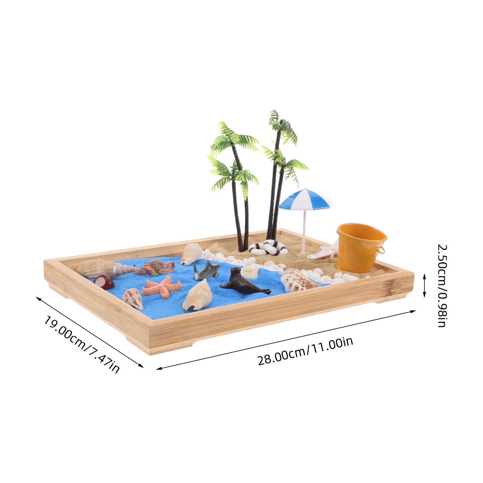 Mini Jardín Zen de Arena Japonés para Escritorio 28x19x2.5 Cm, Caja de Arena Decorativa Tema de Playa Oceánica, Micropaisaje Creativo para Decoración del Hogar y Oficina