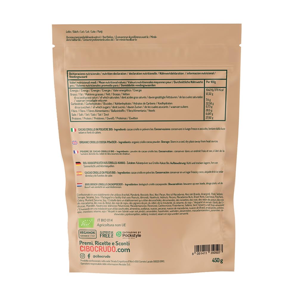 Cacao Puro en Polvo Ecologico sin Azucar - 450g. Cacao en Polvo de Nibs de Cacao Puro no Alcalinizado. Rico en Antioxidantes, Magnesio, Hierro, Vitamina B1 B2.