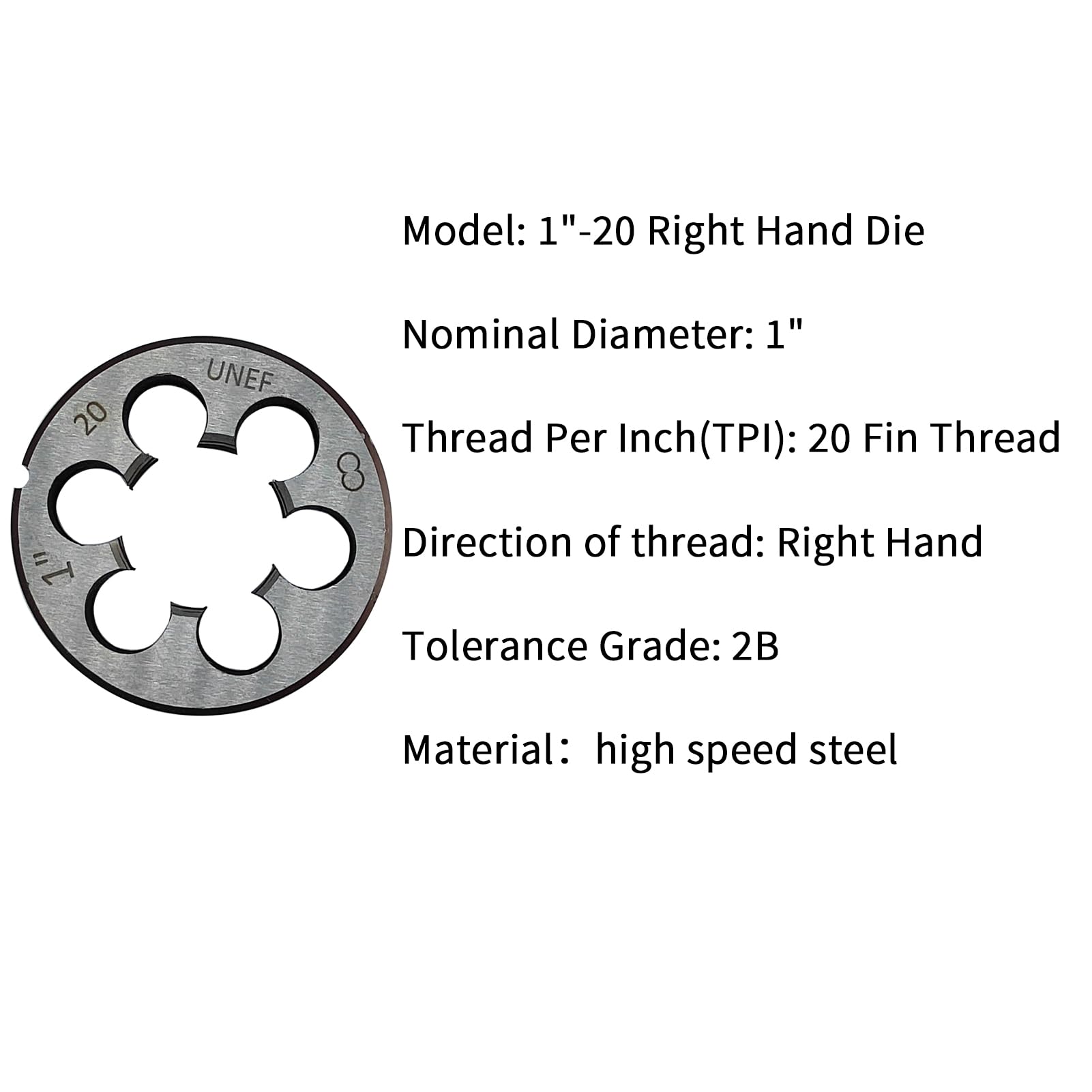 1"-20 Die UNEF 1"-20 TPI Right Hand Nominal Diameter 1" Thread Per Inch 20 Fin Thread Tolerance Grade 2B Right Hand Thread High Speed Steel HSS — Amazon image 2