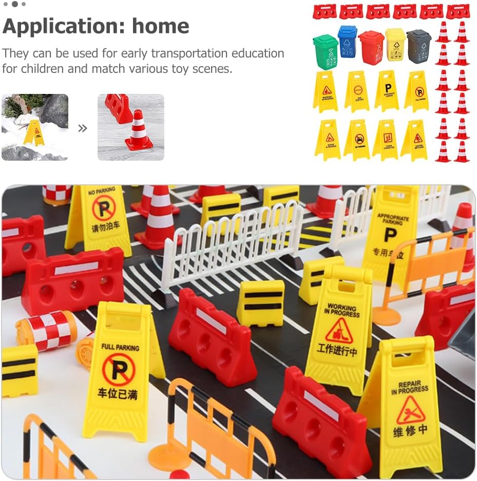 TOYANDONA 31Pcs Road Signs for Kids, Miniature Plastic Traffic Cones Mini Barrel Roadblocks Toys Set Educational Playset Pieces for Boys& Girls