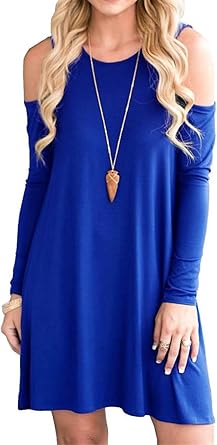 PCEAIIH Womens Short Sleeve Cold Shoulder Tunic Top Swing T-Shirt Loose Dress with Pockets Royal Blue