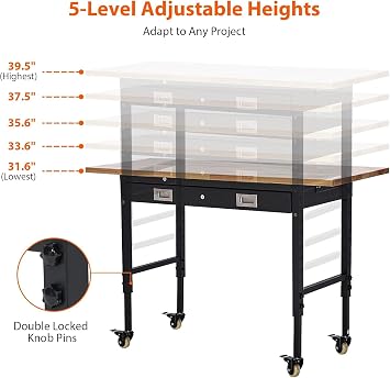 Workbench 60 x 22 Adjustable Height Worktable, Heavy Duty Rubber Wood Top, 2000 LBS Load Capacity, Tool Storage Workstation with Drawer, Pegboard, Power Outlets & Lockable Wheels