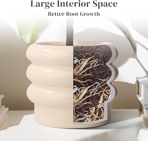 Miniatura 8 de Macetas de cerámica para plantas de interior, juego de 2, macetas bohemias de 5 pulgadas con agujeros de drenaje, maceta moderna para suculentas