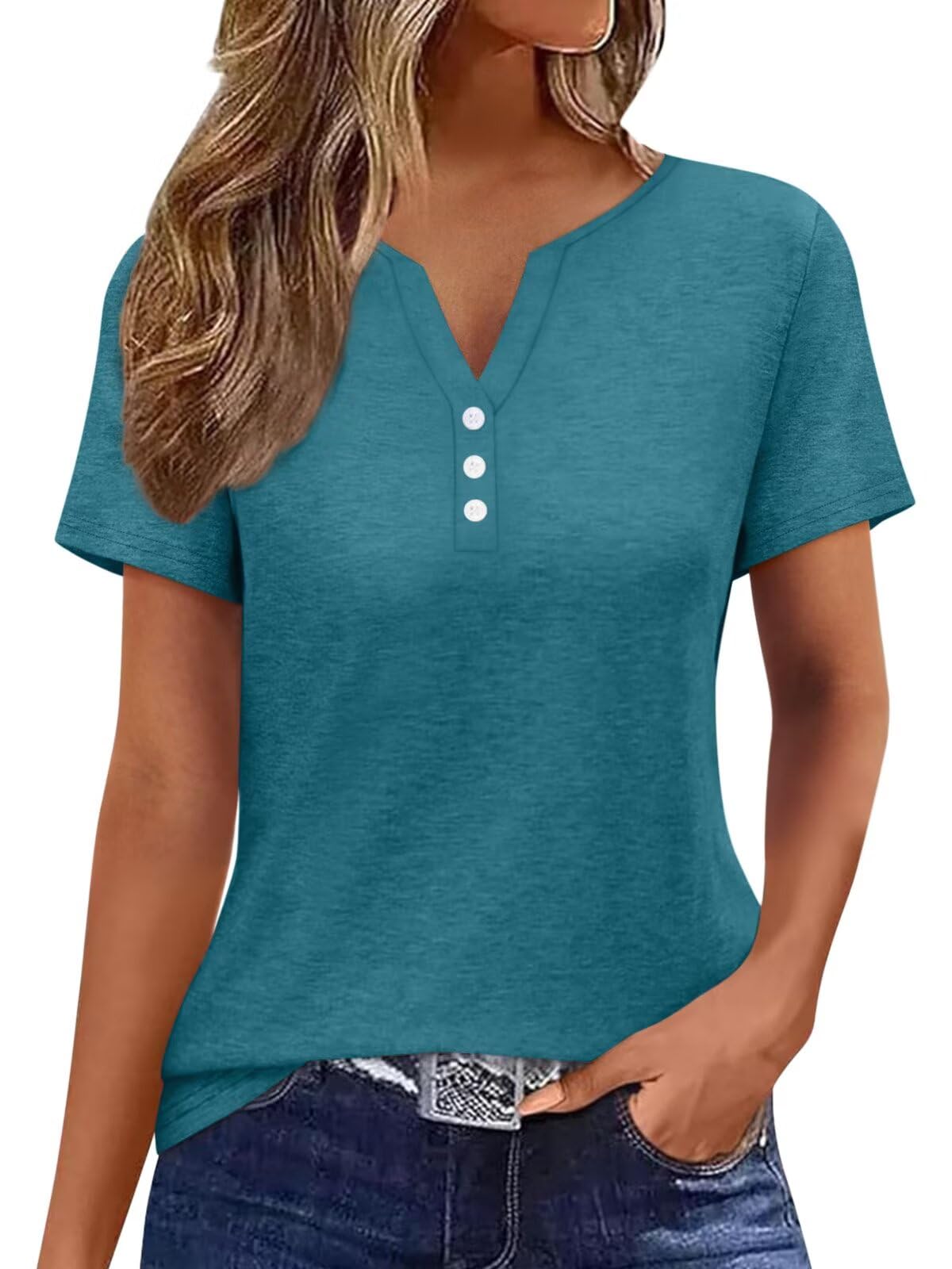 EADINVE Womens T Shirts V Neck Buttons Down Tops Casual Summer Tees Short Sleeve Loose Fit Tops Blouses