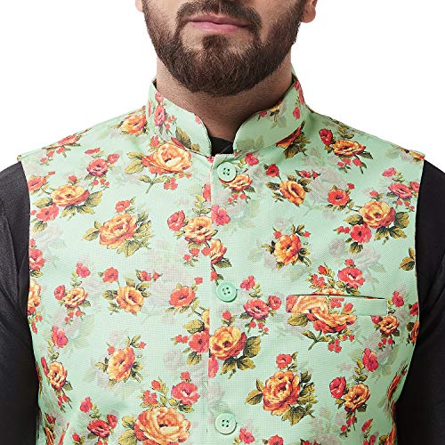 Image of SOJANYA (Since 1958 Men's Silk Blend Black Kurta Pyjama & Printed Nehrujacket Combo