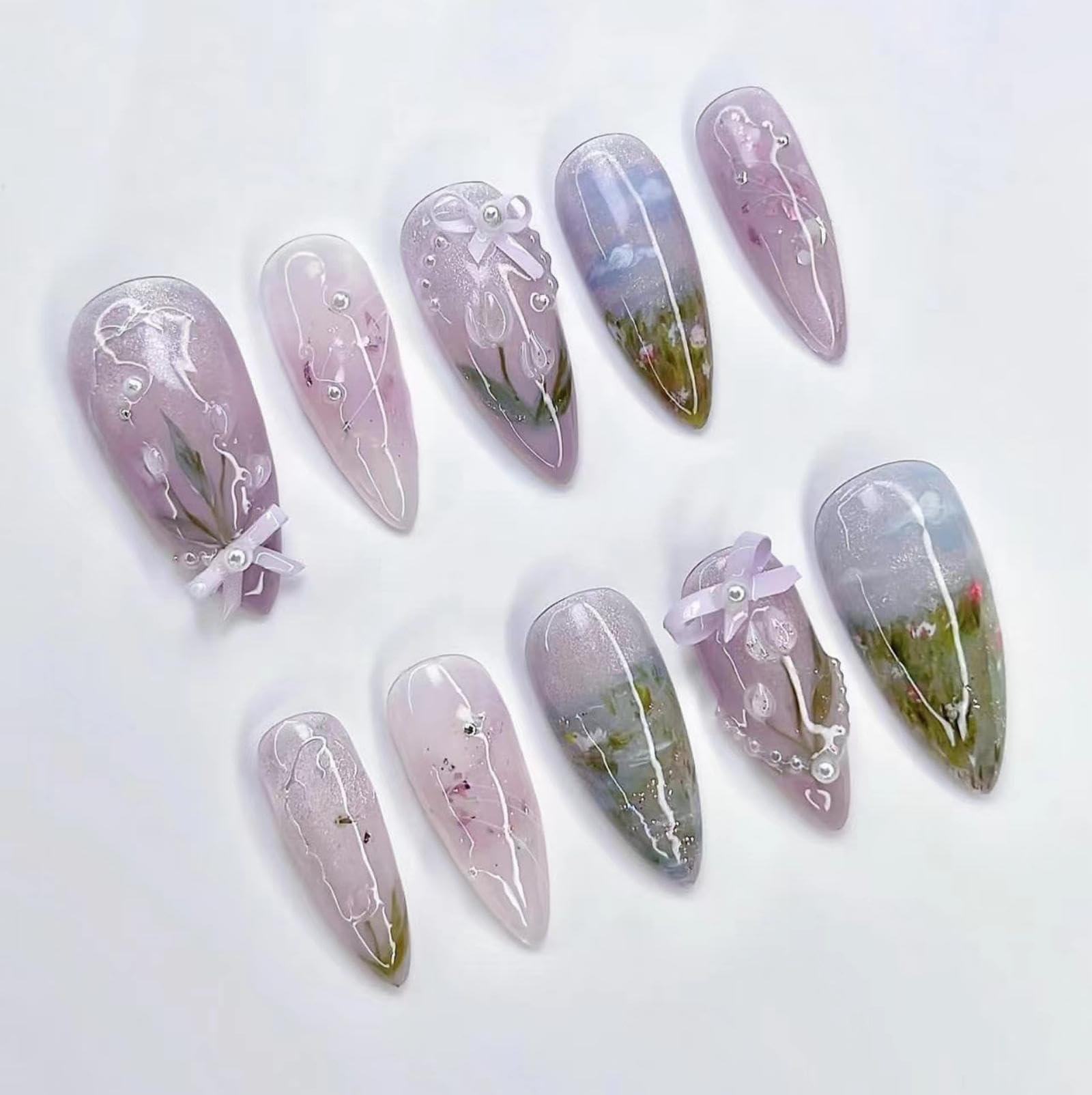 Handmade Press on Nails Purple Ombre Fake Nails with 3D Bow Pearl Design Flower Glue on Medium Almond False Nails Reusable Artificial Acrylic Full