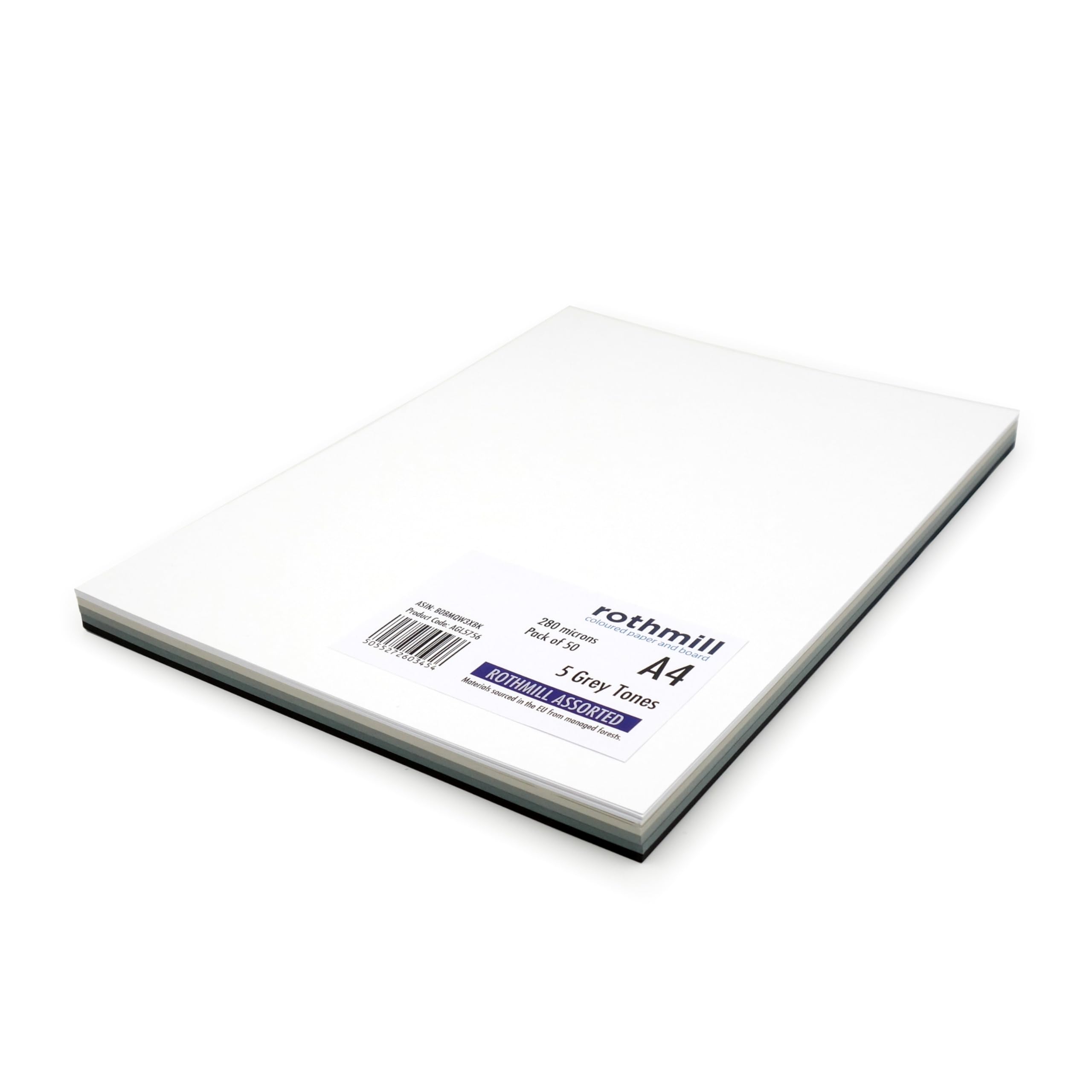 A4 Coloured Card Stock, 220gsm Weight and 280 Micron Thickness, Grey Card Pack with 5 'Grey' Tones, Ideal for Arts and Craft, Office and Stationery Use - 50 Sheets