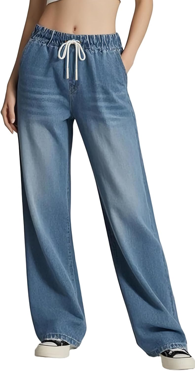 Women's Drawstring Wide Leg Jeans High Elastic Waisted Stretch Frayed Loose Fit Trouser Jeans Denim Pants