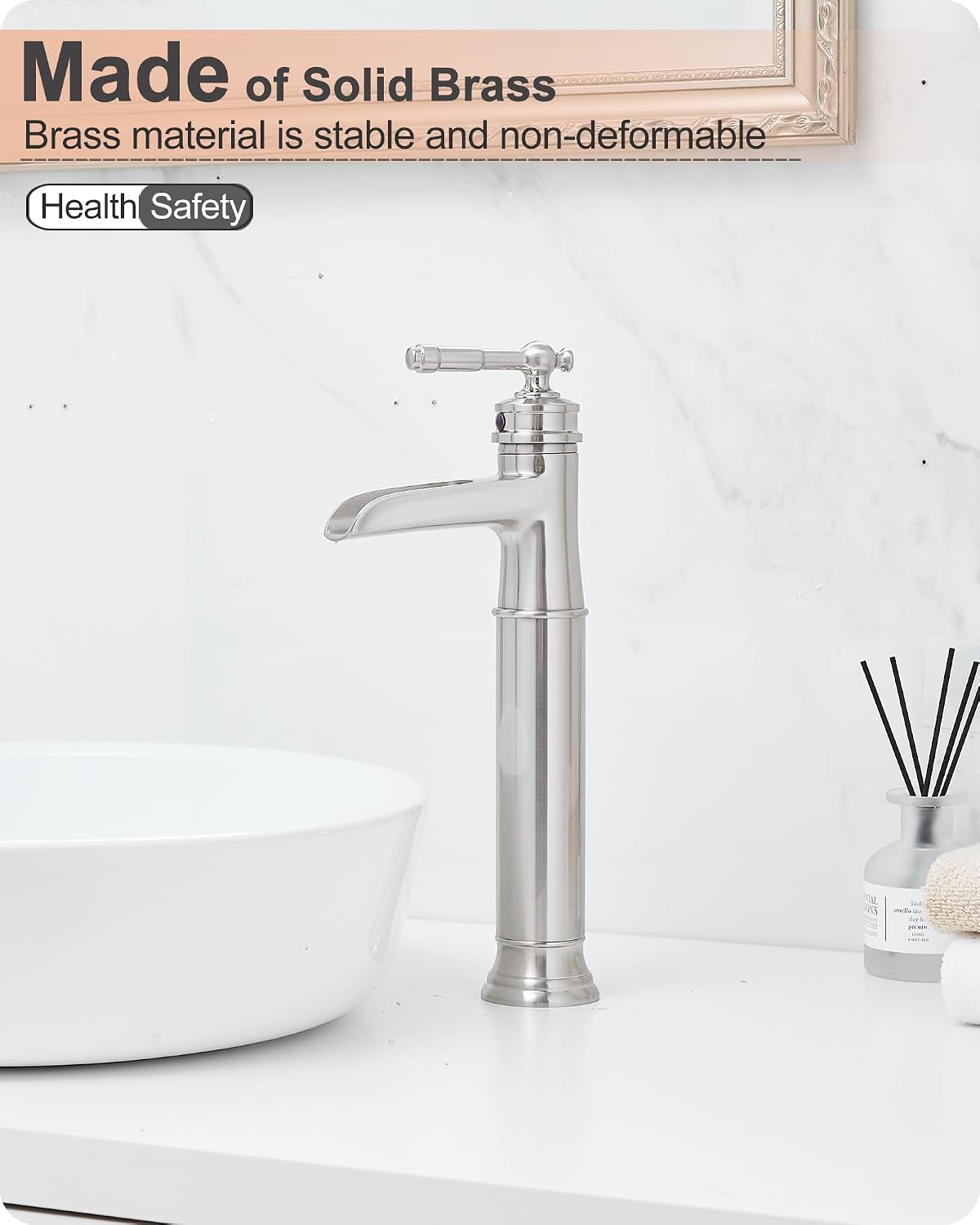Vessel Sink Faucet Brushed Nickel, Brass Waterfall Bathroom Faucet Single Hole, Tall Bathroom Sink Faucet, Bathroom Faucets Single Handle with Pop-Up Drain Supply Hoses for Lavatory No Noise