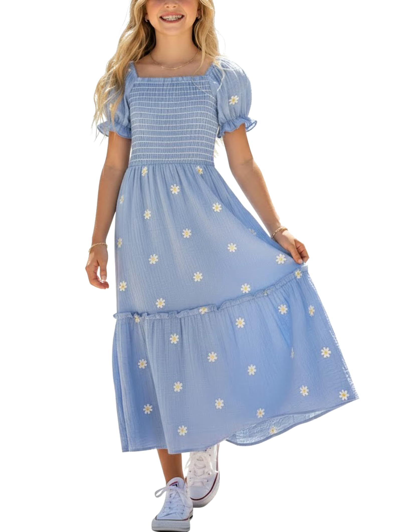 Photo 1 of Sunny Spirit Teen Dresses Girls Maxi Summer Dresses for Girl Boho Long Smocked Cute Junior Teens Size 13-14 Light Blue Floral