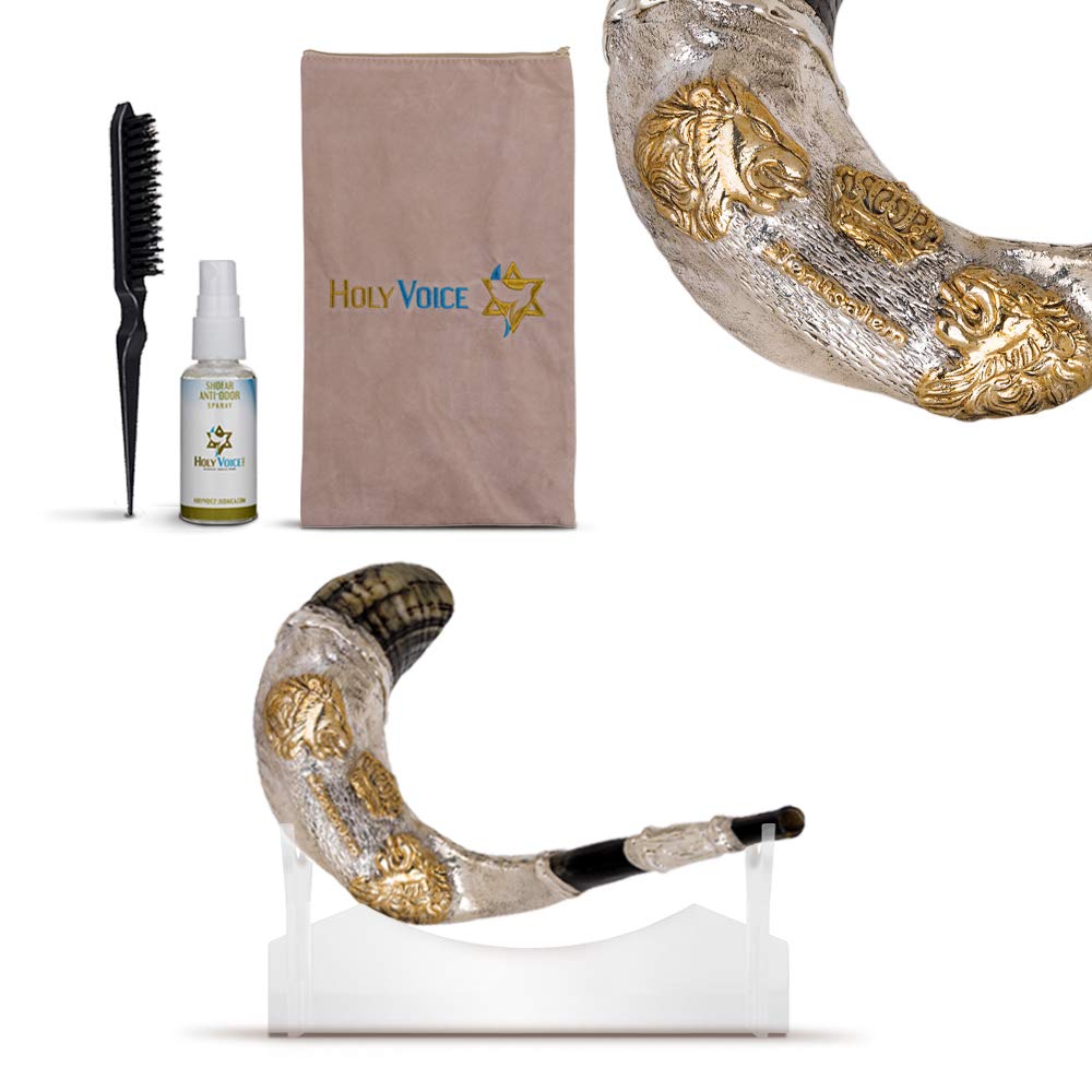 Holy Voice Sterling Silver-Plated "Lions & Crown" Decoration Ram Shofar 12"-14" With Shofar Stand, Carrying Bag and Cleaning Brush – Made in Israel.