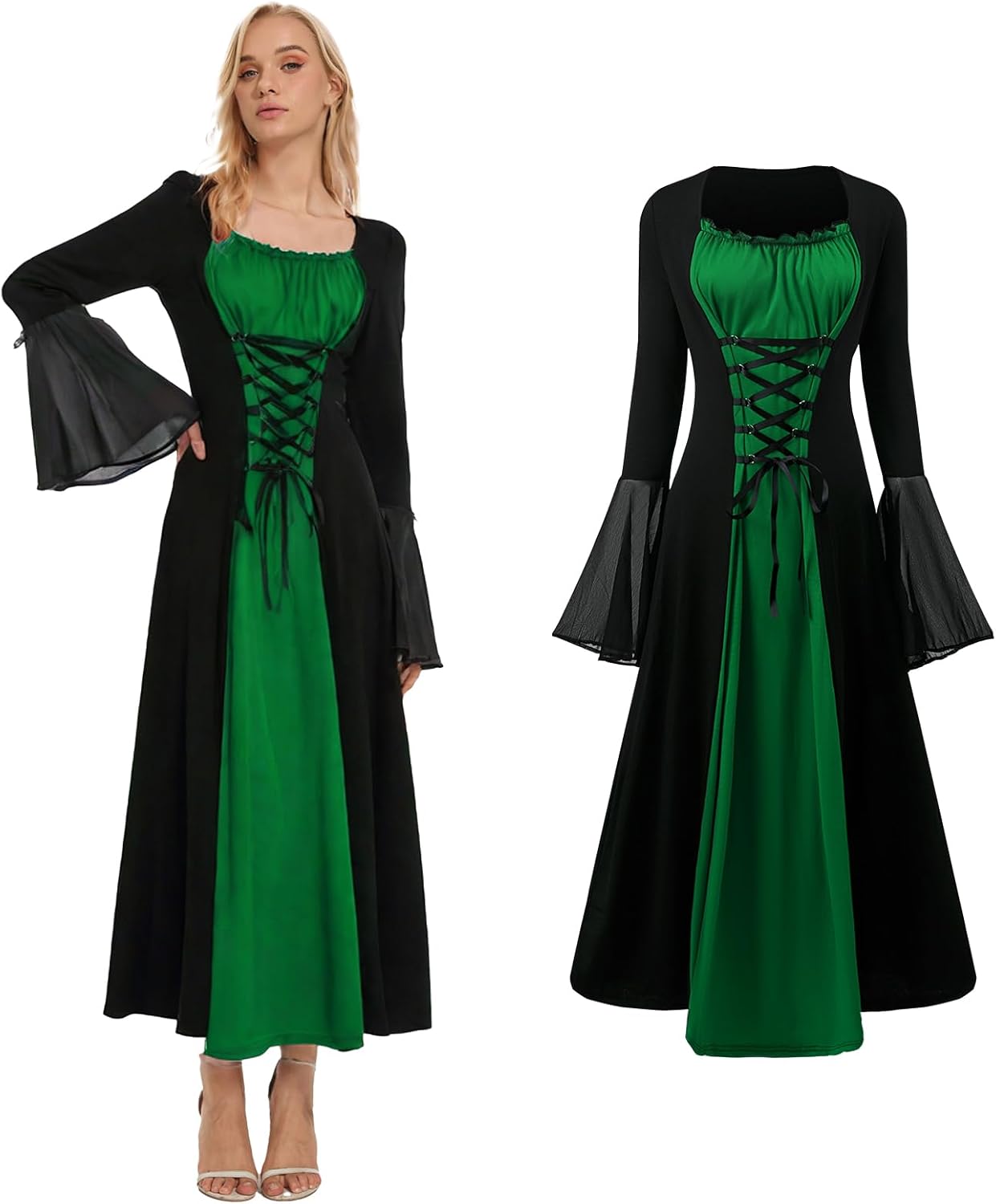 NFAUEIK Renaissance Costume for Women,Medieval Dress with Trumpet Sleeves,Vampire Witch Gothic Dress for Halloween