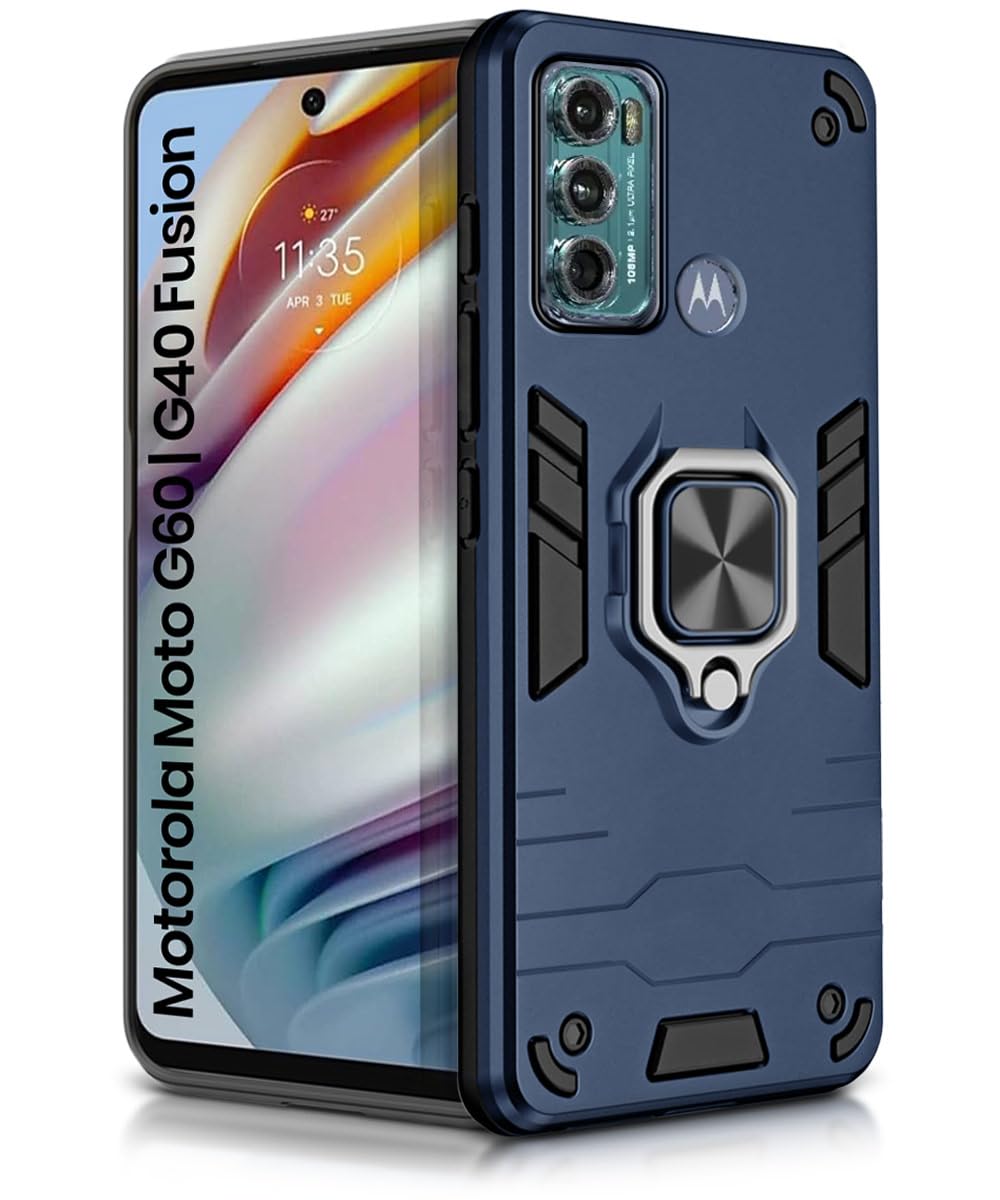 WOW IMAGINE Tough Armor Bumper Back Case Cover for Moto G60 | for G40 Fusion Tough Armor Bumper Back Case Cover | Ring Holder & Kickstand in-Built | Excellent 360 Degree Protection (Blue)