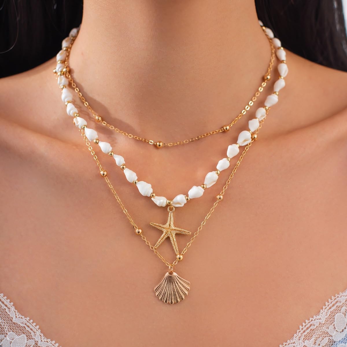 Layered Gold Necklace for Women,Shell Starfish Pearl Flower Clavicle Chain Statement Adjustable Stackable Necklace Fashionable Jewelry