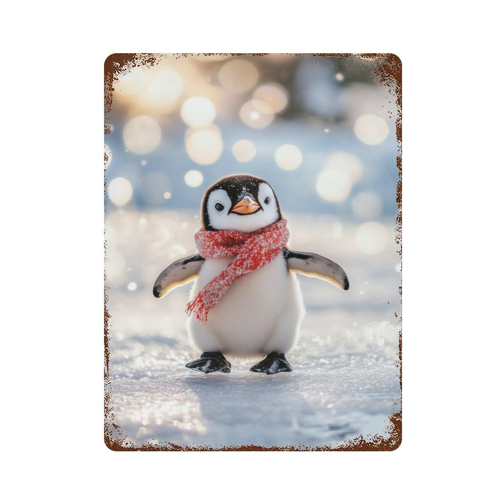 Cute Penguin in Red Scarf Rustic Tin Plaque 15.7"x11.8", for Living Room, Hallway And Home Decor, Decorative Metal Wall Art