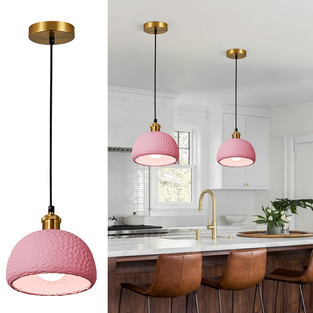 Photo 1 of Modern Farmhouse Pink small chandelier Pendant Light, 8.2 Inch Hammered Resin Adjustable Cord Hanging Ceiling Light for Kitchen Island, Sink, Hallway and Dining Room, E26 Base mini light fixture