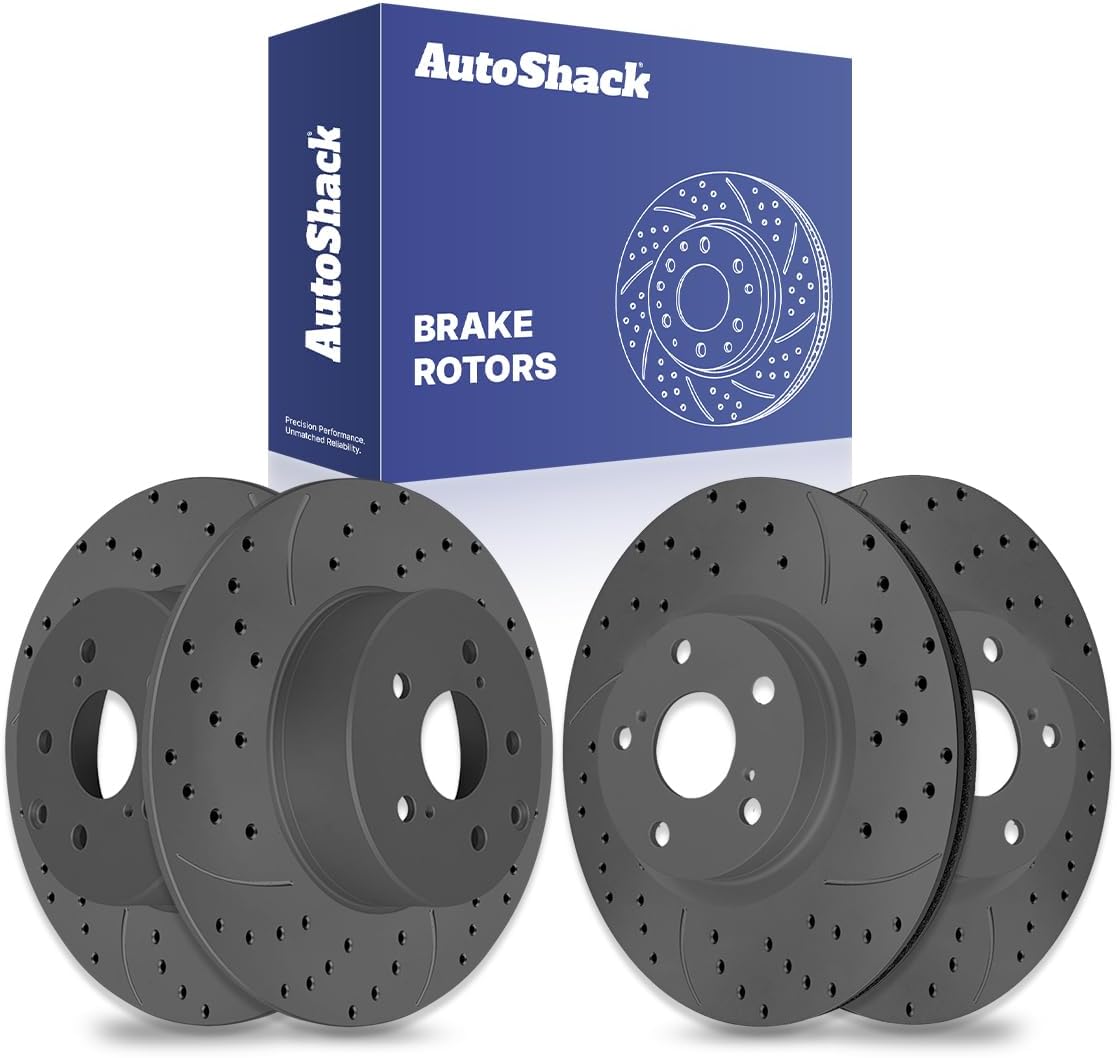AutoShack Front Vented & Rear Solid Drilled & Slotted Coated Brake Rotors Black Matte Finish 4-PC Set Replacement for 2006-2018 Toyota RAV4 BlackShield