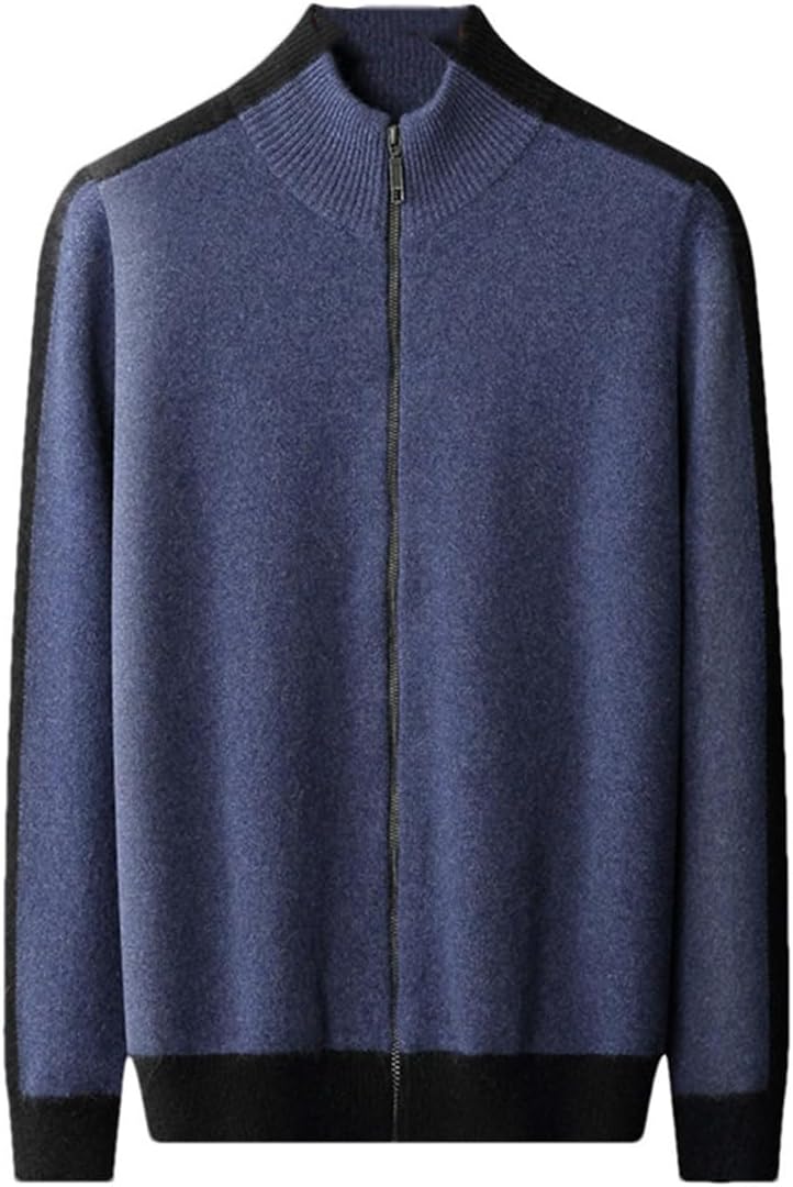Men's 100% Goat Cashmere Sweater Stand Neck Zipper Knitted Cardigan Autumn Winter Casual Color Contrast Jacket