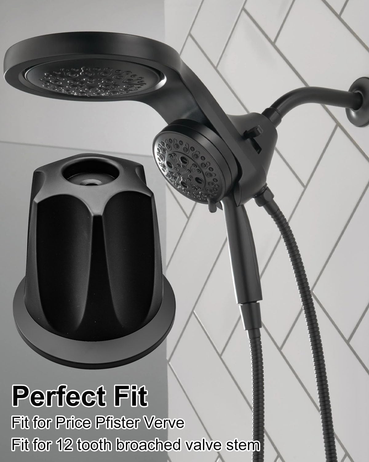 Shower Handle Knobs Replacement with Base Fit for Price Pfister Verve | 3 Piece, Mechanical Handle Only, Non-Valve, 12 Tooth Broach Stem