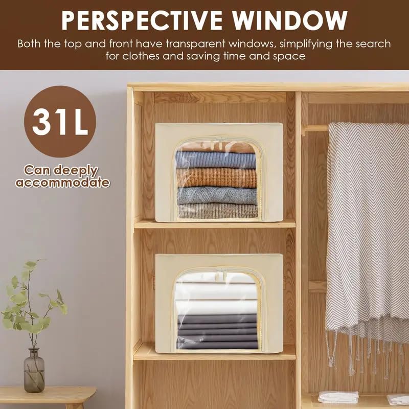 Image of 3 Pack Clothes Storage Bins with Metal Frame, Foldable Clothing Storage Bins with Lids, 31L Stackable Storage Box Storage Bags Fabric Bins Organizer with Clear Window＆ Zippers＆ Sturdy Handles
