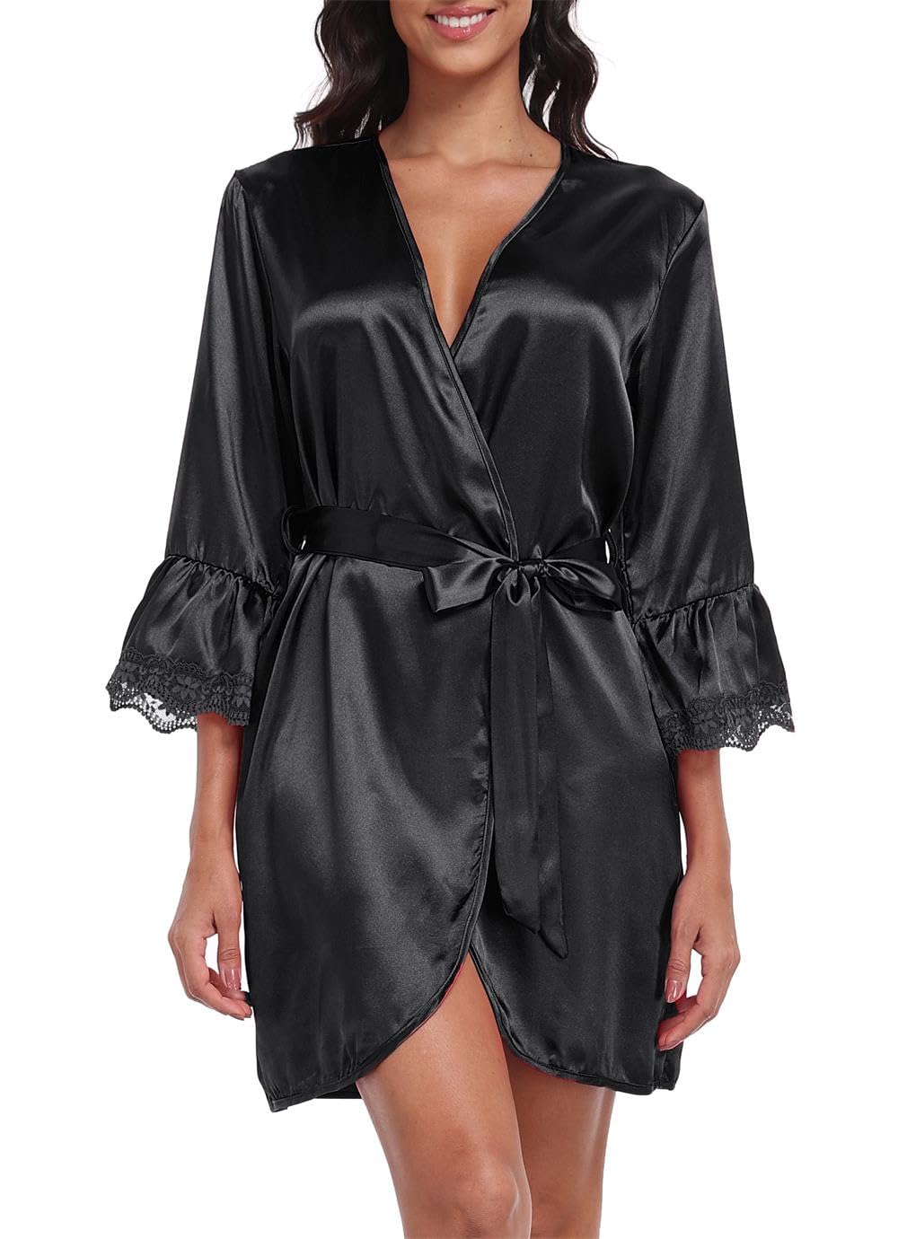 Womens Satin Robe Short Lace Trim Silk Kimono Bride Bridesmaids Robe with 3 4 Sleeve Sexy Sleepwear