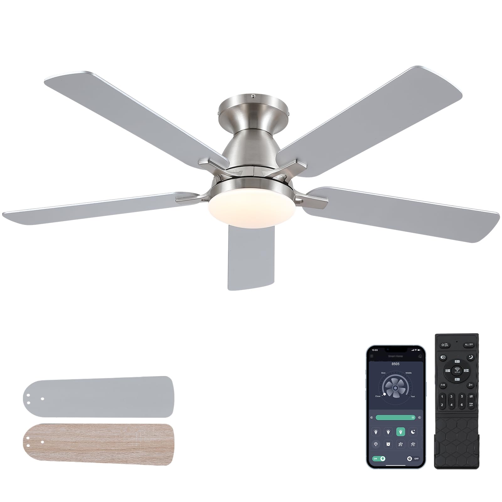 Ceiling Fans with Lights, 52'' Indoor Low Profile Ceiling Fan with Light and Remote, Modern Flush Mount Ceiling Fan for Bedroom, LED Dimmable DC Reversible Motor, Nickel