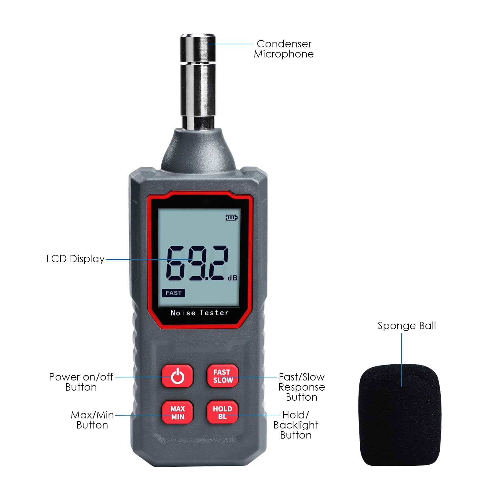Sonomètre numérique haute précision Plage de mesure de 30 à 130 dBA – Decibel mètre pour test de réponse rapide – Testeur de bruit avec écran LCD HD – Idéal pour la surveillance de l'environnement