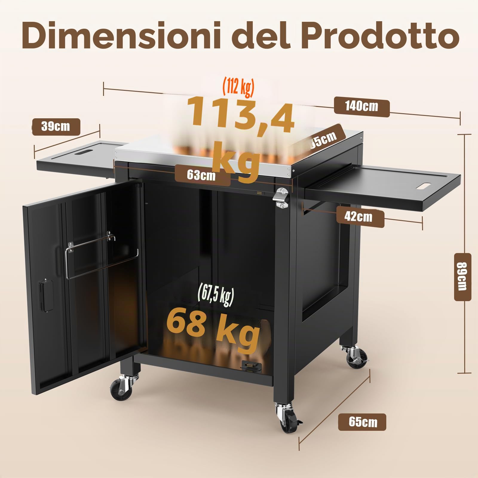 GFTIEM Carrello da cucina per esterni, 140 x 65 x 89 cm, portatile, con 2 tavolini pieghevoli, per forni da pizza, cucina esterna per Ninja Woodfire e Weber serie Q, cucina all'aperto