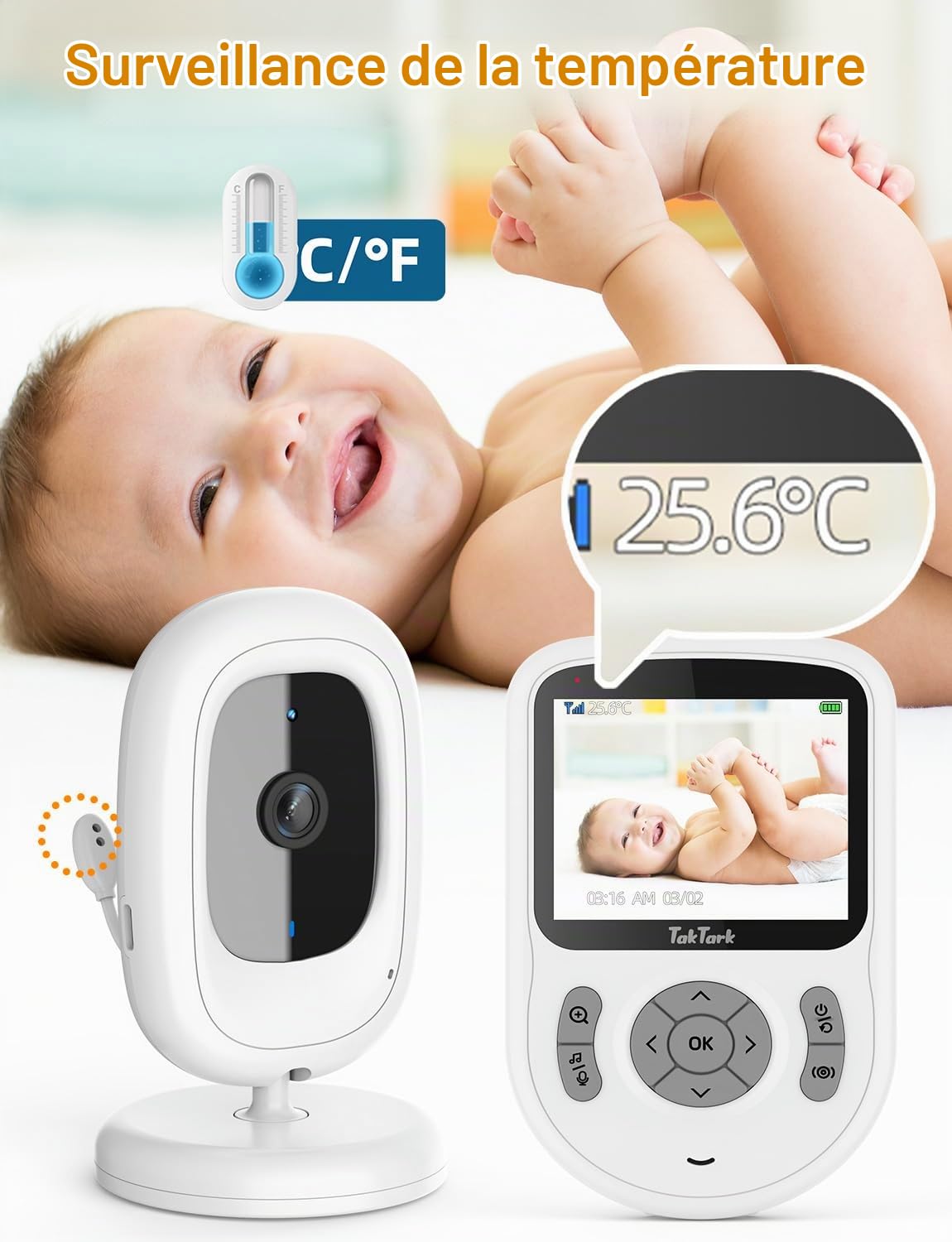 TakTark Babyphone caméra [2.8 pouces/720p IPS Babyphone] caméra bébé sans WiFi/app, 1000ft Long Range, 750mAh Battery, 2-Way Talk, VOX, 3×Zoom, Night Vision, Temperature Monitoring, Lullabies
