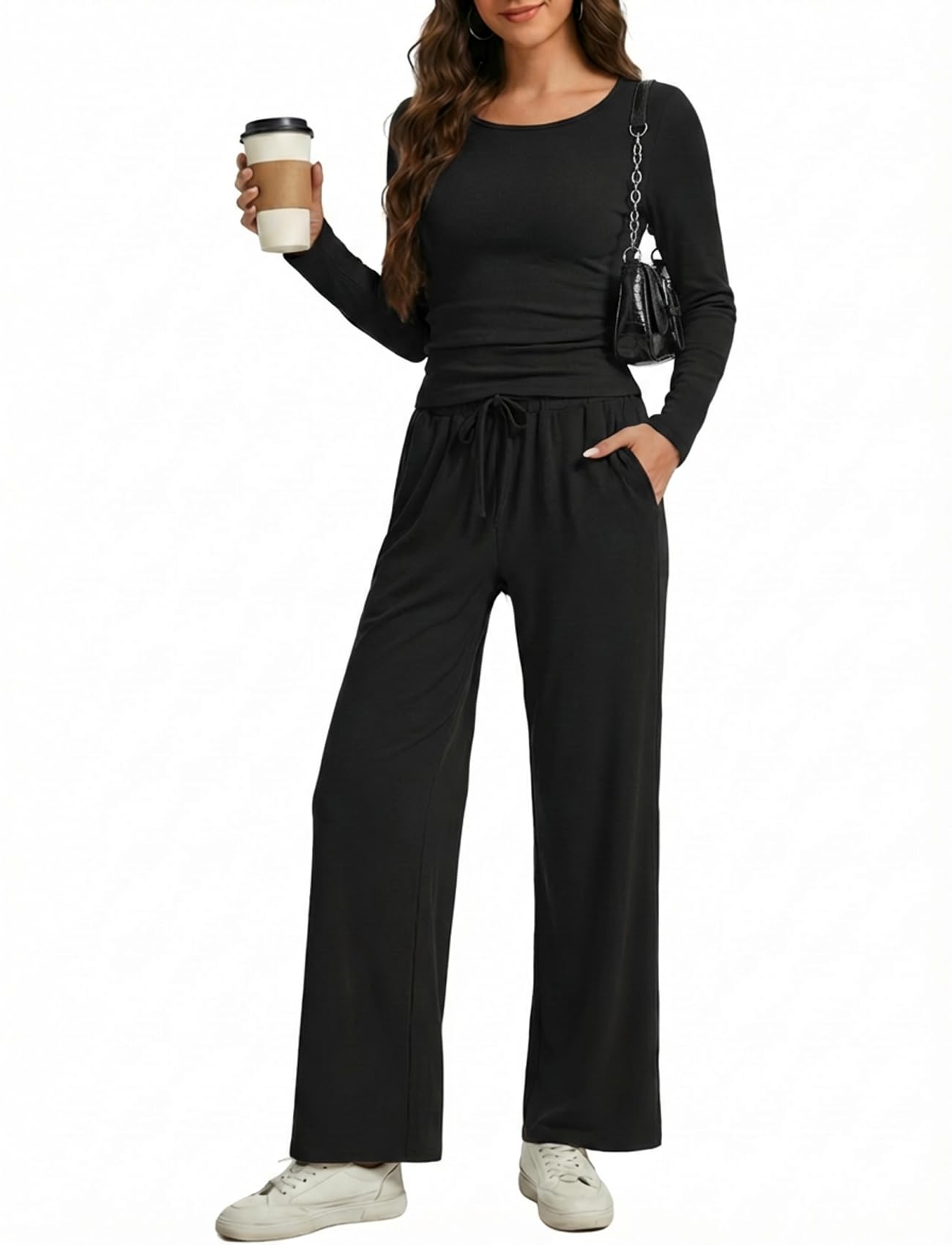 Womens 2 Piece Lounge Set Long Sleeve Ruched Top Wide Leg Pants Casual Matching Outfit for Travel Spring