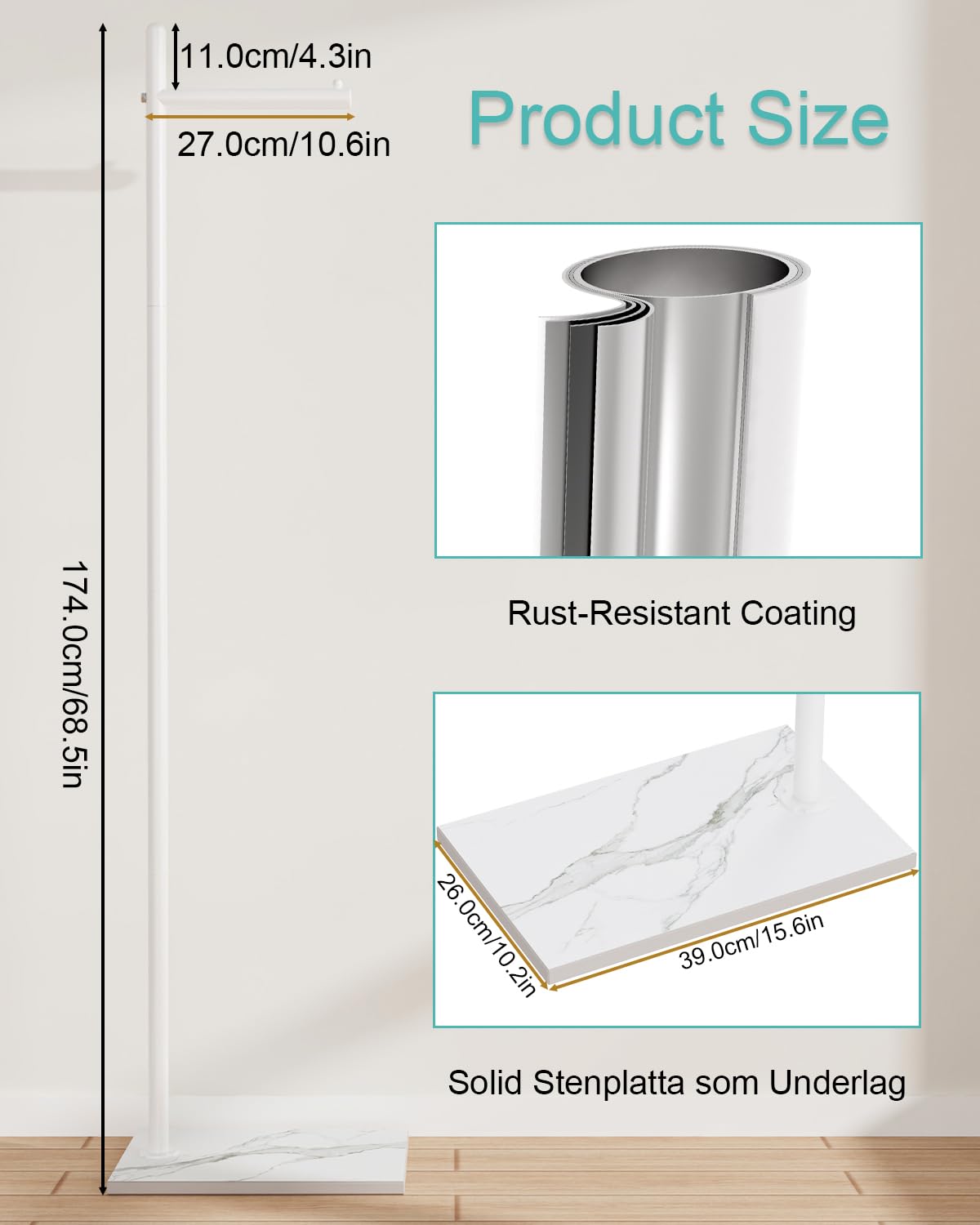 Yawinhe Garderobenständer,Freistehender Kleiderständer, Jackenständer,Metall Kleiderbüge mit Rock Slab Base, Für den Einsatz im Wohnzimmer, Schlafzimmer 39×26×174cm,Weiß