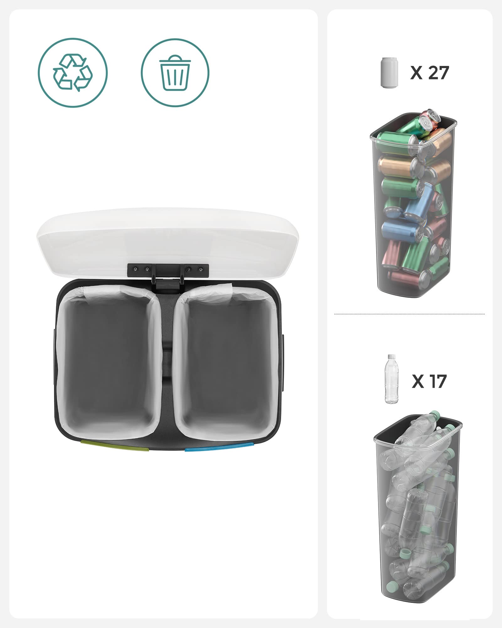 Poubelle De Cuisine Double 2x20L SONGMICS - Tri Sélectif Avec Couvercle à Pédale Et Seaux Amovibles