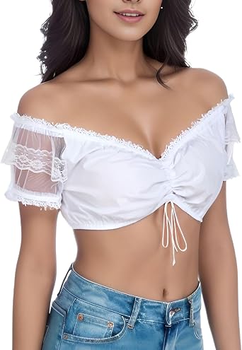 Womens Dirndl Cotton Blouse Short Sleeve German Crop Top Soft Oktoberfest Shirt Summer Bavarian Shirt