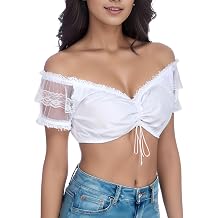 Womens Dirndl Cotton Blouse Short Sleeve German Crop Top Soft Oktoberfest Shirt Summer Bavarian Shirt