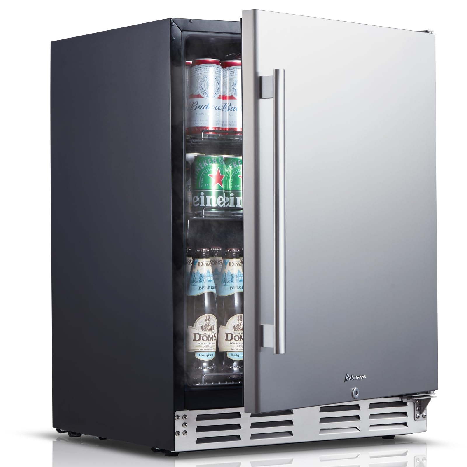 Kalamera 24 inch Stainless Steel Beverage Refrigerator, Under Counter Beverage Cooler for 154 Cans with 32-41℉ Temperature Range - Soda and Beer Refrigerator with Soild Stainless Door