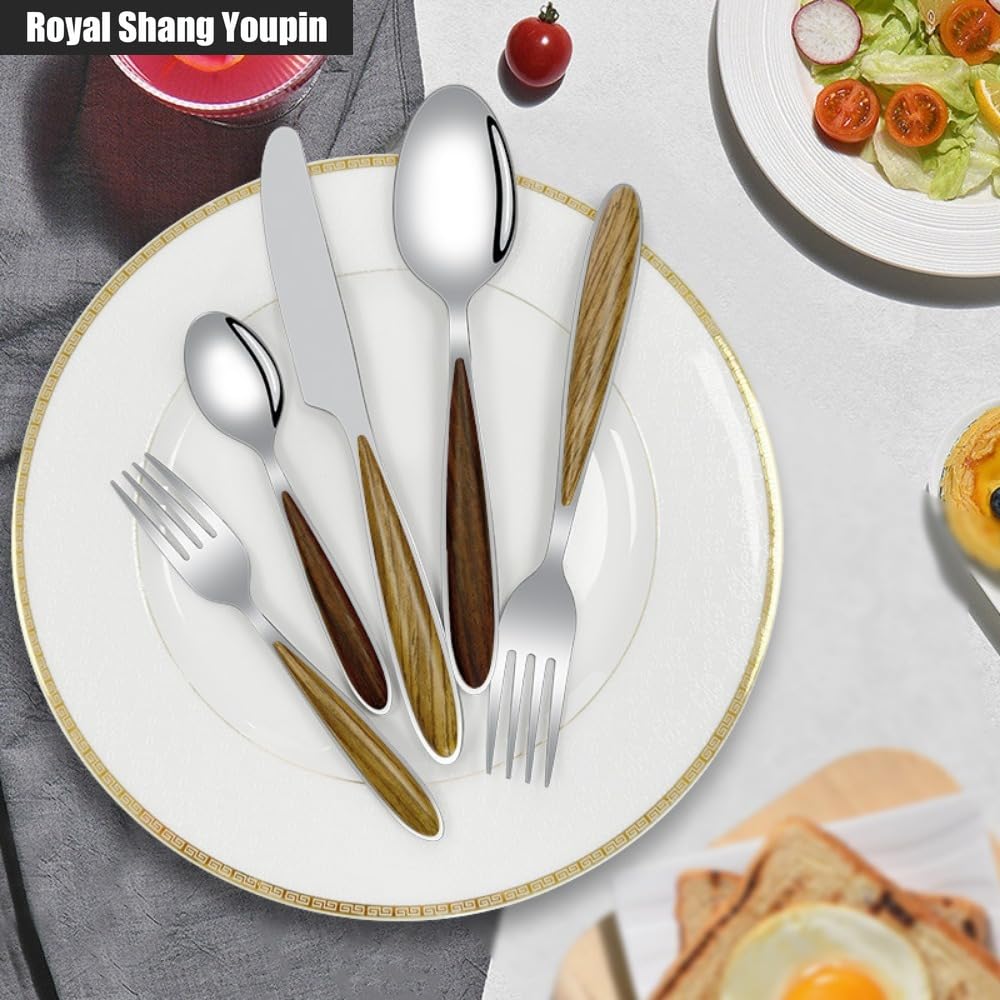 Cucina Imitazione Grano Del Legno Manico in Acciaio Inox Posate Da Tavola Posate Set Di Posate Coltello Da Bistecca Forchetta Cucchiaio Cucchiaino (A,20 pezzi)