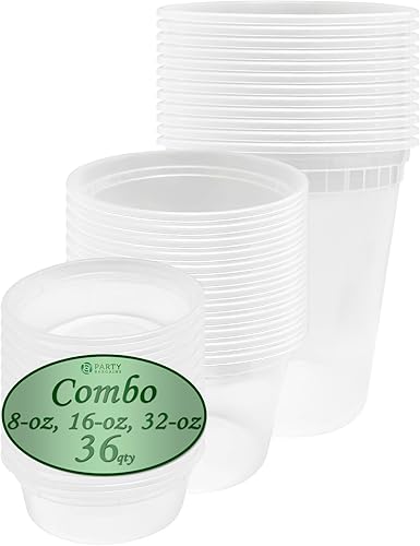 PARTY BARGAINS Paquete de 36 recipientes de alimentos con tapas, 8 onzas, 16 onzas y 32 onzas combinadas para alimentos, resistentes a la