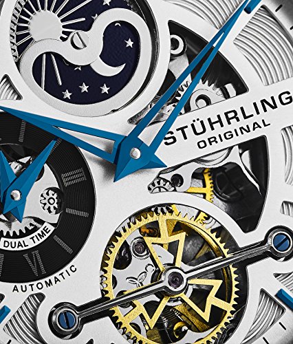 Stuhrling Original Men’s Luxury Skeleton Dress Watch, Automatic Wristwatch, Rose Gold Accents and Silver Dial, Brown Leather Calfskin Band
