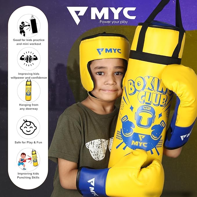 Image of MYC Club Pack of 4 Kids Punching Bag Boxing Kit Set for Karate | Bounce-Back Martial Arts Bag for Boys & Girls (Age 4-10 Year) (Yellow)